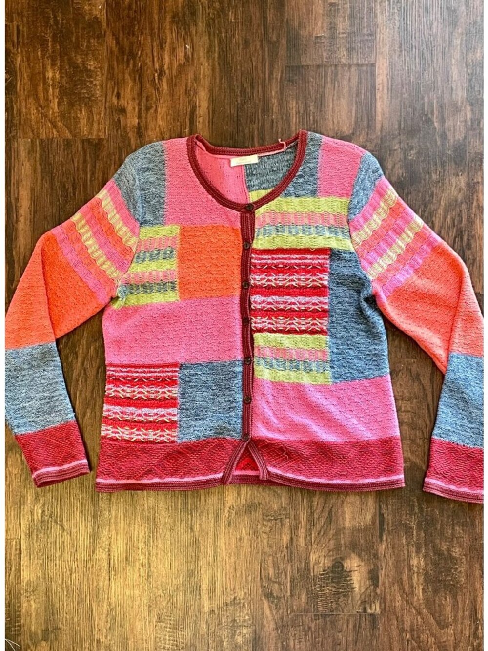 Vintage 1990s Colorful Hand Knit Patchwork Embroidered 3D Knit Cardigan Sweater - Picture 5 of 13
